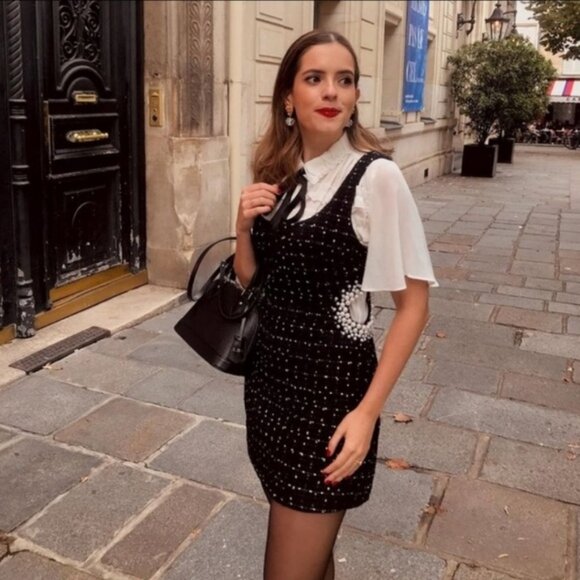 Zara Textured Tweed Dress Sleeveless with faux pearl Black XL NWT - Picture 8 of 16